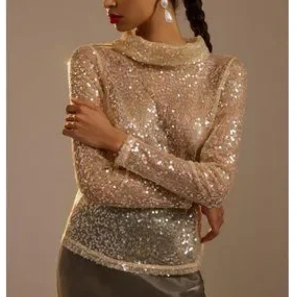 NWT Anthropologie Sunday in Brooklyn Sheer Sequin Turtleneck Gold Champagne -